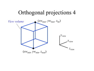 Orthogonal projections 4
zview
xview
yview
View volume
(xwmin, ywmin, znear)
(xwmax, ywmax, zfar)
 