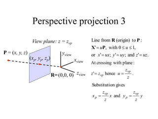 Perspective projection 3
P = (x, y, z)
zview
xview
yview
(xp, yp, zp)
(0,0, 0)
R=
.
'
and
;
'
;
'
or
,
1
0
with
,
'
:
to
(origin)
from
Line
uz
z
uy
y
ux
x
u
u





 P
X
P
R
.
hence
'
:
plane
with
crossing
At
z
z
u
z
z
vp
vp 

y
z
z
y
x
z
z
x
vp
p
vp
p 
 and
gives
on
Substituti
View plane: z = zvp
 