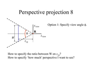 Perspective projection 8
zview
yview
R
zvp
W
How to specify the ratio between W en zvp?
How to specify ‘how much’ perspective I want to see?
Option 1: Specify view angle .

 