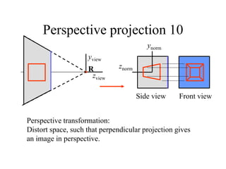 Side view Front view
Perspective projection 10
yview
R
zview
znorm
ynorm
Perspective transformation:
Distort space, such that perpendicular projection gives
an image in perspective.
 