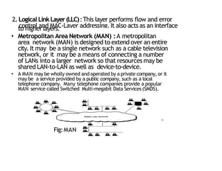 2. Logical LinkLayer(LLC):This layer performs flow and error
control and MAC‐Layer addressing. It also acts as an interface
to higherlayers.
• Metropolitan Area Network (MAN) :A metropolitan
area network (MAN) is designed to extend over an entire
city. It may be a single network such as a cable television
network, or it may be a means of connecting a number
of LANs into a larger network so that resources may be
shared LAN‐to‐LAN as well as device‐to‐device.
• A MAN may be wholly owned and operated by a private company, or it
may be a service provided by a public company, such as a local
telephone company. Many telephone companies provide a popular
MAN service called Switched Multi‐megabit Data Services(SMDS).
Fig:MAN
34
 
