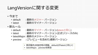 LangVersionに関する変更
• 今まで
• default : 最新のメジャー バージョン
• latest : 最新のマイナー バージョン
• 新ルール
• default : 最新のマイナー バージョン(latestと同じ)
• latest : 最新のマイナー バージョン(正式リリースのみ)
• latestMajor : 最新のメジャー バージョン
• preview : (プレビューを含めた)最新バージョン
• 既定動作(未指定時の挙動、default)がlatestと同じに
• latestMajor、previewを新設
 