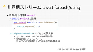 非同期ストリーム: await foreach/using
• 消費側: 非同期foreach
• await foreachの語順
• IAsyncEnumerable<T>に対して使える
• (System.Collections.Generic名前空間)
• 同期版同様、パターン ベース
(同じメソッドさえ持っていれば任意の型に使える)
△
.NET Core 3.0/.NET Standard 2.1推奨
await foreach (var title in GetTitlesAsync())
{
Console.WriteLine(title);
}
 