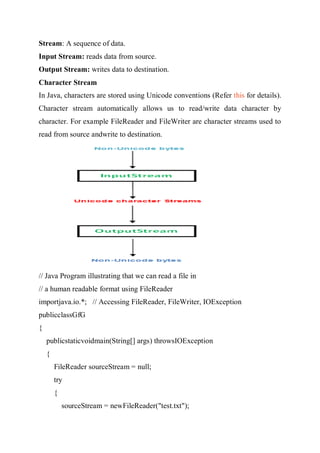 Stream: A sequence of data.
Input Stream: reads data from source.
Output Stream: writes data to destination.
Character Stream
In Java, characters are stored using Unicode conventions (Refer this for details).
Character stream automatically allows us to read/write data character by
character. For example FileReader and FileWriter are character streams used to
read from source andwrite to destination.
// Java Program illustrating that we can read a file in
// a human readable format using FileReader
importjava.io.*; // Accessing FileReader, FileWriter, IOException
publicclassGfG
{
publicstaticvoidmain(String[] args) throwsIOException
{
FileReader sourceStream = null;
try
{
sourceStream = newFileReader("test.txt");
 