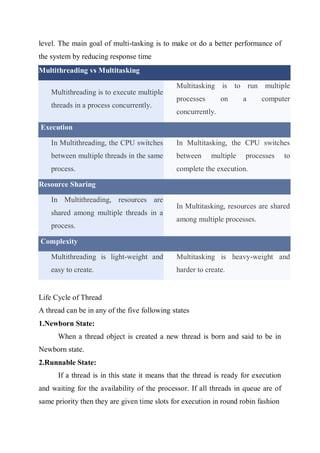 level. The main goal of multi-tasking is to make or do a better performance of
the system by reducing response time
Multithreading vs Multitasking
Multithreading is to execute multiple
threads in a process concurrently.
Multitasking is to run multiple
processes on a computer
concurrently.
Execution
In Multithreading, the CPU switches
between multiple threads in the same
process.
In Multitasking, the CPU switches
between multiple processes to
complete the execution.
Resource Sharing
In Multithreading, resources are
shared among multiple threads in a
process.
In Multitasking, resources are shared
among multiple processes.
Complexity
Multithreading is light-weight and
easy to create.
Multitasking is heavy-weight and
harder to create.
Life Cycle of Thread
A thread can be in any of the five following states
1.Newborn State:
When a thread object is created a new thread is born and said to be in
Newborn state.
2.Runnable State:
If a thread is in this state it means that the thread is ready for execution
and waiting for the availability of the processor. If all threads in queue are of
same priority then they are given time slots for execution in round robin fashion
 