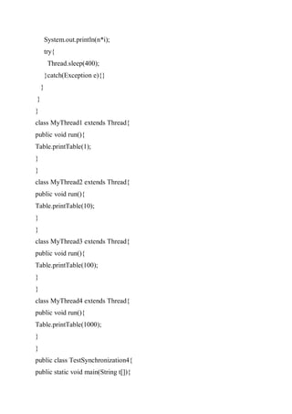 System.out.println(n*i);
try{
Thread.sleep(400);
}catch(Exception e){}
}
}
}
class MyThread1 extends Thread{
public void run(){
Table.printTable(1);
}
}
class MyThread2 extends Thread{
public void run(){
Table.printTable(10);
}
}
class MyThread3 extends Thread{
public void run(){
Table.printTable(100);
}
}
class MyThread4 extends Thread{
public void run(){
Table.printTable(1000);
}
}
public class TestSynchronization4{
public static void main(String t[]){
 