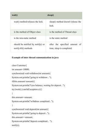 wait() sleep()
wait() method releases the lock sleep() method doesn't release the
lock.
is the method of Object class is the method of Thread class
is the non-static method is the static method
should be notified by notify() or
notifyAll() methods
after the specified amount of
time, sleep is completed.
Example of inter thread communication in java
class Customer{
int amount=10000;
synchronized void withdraw(int amount){
System.out.println("going to withdraw...");
if(this.amount<amount){
System.out.println("Less balance; waiting for deposit...");
try{wait();}catch(Exception e){}
}
this.amount-=amount;
System.out.println("withdraw completed...");
}
synchronized void deposit(int amount){
System.out.println("going to deposit...");
this.amount+=amount;
System.out.println("deposit completed... ");
notify();
 