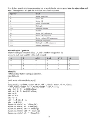 35
Java defines several bitwise operators that can be applied to the integer types: long, int, short, char, and
byte. These operators act upon the individual bits of their operands.
Bitwise Logical Operators
The bitwise logical operators are &, |, ^, and ~. the bitwise operators are
applied to each individual bit within each operand.
Example:
// Demonstrate the bitwise logical operators.
class BitLogic
{
public static void main(String args[])
{
String binary[] = {"0000", "0001", "0010", "0011", "0100", "0101", "0110", "0111",
"1000", "1001", "1010", "1011", "1100", "1101", "1110", "1111"};
int a = 3; // 0 + 2 + 1 or 0011 in binary
int b = 6; // 4 + 2 + 0 or 0110 in binary
int c = a | b;
int d = a & b;
int e = a ^ b;
int f = (~a & b)|(a & ~b);
int g = ~a & 0x0f;
System.out.println(" a = " + binary[a]);
System.out.println(" b = " + binary[b]);
System.out.println(" a|b = " + binary[c]);
System.out.println(" a&b = " + binary[d]);
System.out.println(" a^b = " + binary[e]);
 