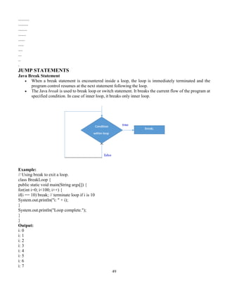 49
..........
.........
........
.......
......
.....
....
...
..
.
JUMP STATEMENTS
Java Break Statement
 When a break statement is encountered inside a loop, the loop is immediately terminated and the
program control resumes at the next statement following the loop.
 The Java break is used to break loop or switch statement. It breaks the current flow of the program at
specified condition. In case of inner loop, it breaks only inner loop.
Example:
// Using break to exit a loop.
class BreakLoop {
public static void main(String args[]) {
for(int i=0; i<100; i++) {
if(i == 10) break; // terminate loop if i is 10
System.out.println("i: " + i);
}
System.out.println("Loop complete.");
}
}
Output:
i: 0
i: 1
i: 2
i: 3
i: 4
i: 5
i: 6
i: 7
 