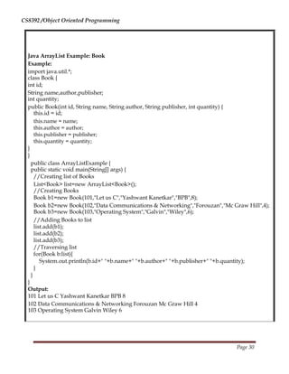 CS8392 /Object Oriented Programming
Java ArrayList Example: Book
Example:
import java.util.*;
class Book {
int id;
String name,author,publisher;
int quantity;
public Book(int id, String name, String author, String publisher, int quantity) {
this.id = id;
this.name = name;
this.author = author;
this.publisher = publisher;
this.quantity = quantity;
}
}
public class ArrayListExample {
public static void main(String[] args) {
//Creating list of Books
List<Book> list=new ArrayList<Book>();
//Creating Books
Book b1=new Book(101,"Let us C","Yashwant Kanetkar","BPB",8);
Book b2=new Book(102,"Data Communications & Networking","Forouzan","Mc Graw Hill",4);
Book b3=new Book(103,"Operating System","Galvin","Wiley",6);
//Adding Books to list
list.add(b1);
list.add(b2);
list.add(b3);
//Traversing list
for(Book b:list){
System.out.println(b.id+" "+b.name+" "+b.author+" "+b.publisher+" "+b.quantity);
}
}
}
Output:
101 Let us C Yashwant Kanetkar BPB 8
102 Data Communications & Networking Forouzan Mc Graw Hill 4
103 Operating System Galvin Wiley 6
Page 30
 