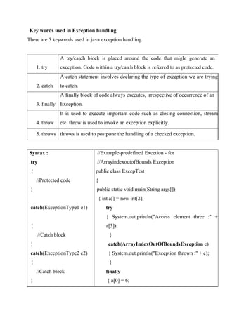 Key words used in Exception handling
There are 5 keywords used in java exception handling.
1. try
A try/catch block is placed around the code that might generate an
exception. Code within a try/catch block is referred to as protected code.
2. catch
A catch statement involves declaring the type of exception we are trying
to catch.
3. finally
A finally block of code always executes, irrespective of occurrence of an
Exception.
4. throw
It is used to execute important code such as closing connection, stream
etc. throw is used to invoke an exception explicitly.
5. throws throws is used to postpone the handling of a checked exception.
Syntax : //Example-predefined Excetion - for
try //ArrayindexoutofBounds Exception
{ public class ExcepTest
//Protected code {
} public static void main(String args[])
catch(ExceptionType1 e1)
{ int a[] = new int[2];
try
{
{ System.out.println("Access element three :" +
a[3]);
//Catch block }
} catch(ArrayIndexOutOfBoundsException e)
catch(ExceptionType2 e2) { System.out.println("Exception thrown :" + e);
{ }
//Catch block finally
} { a[0] = 6;
 