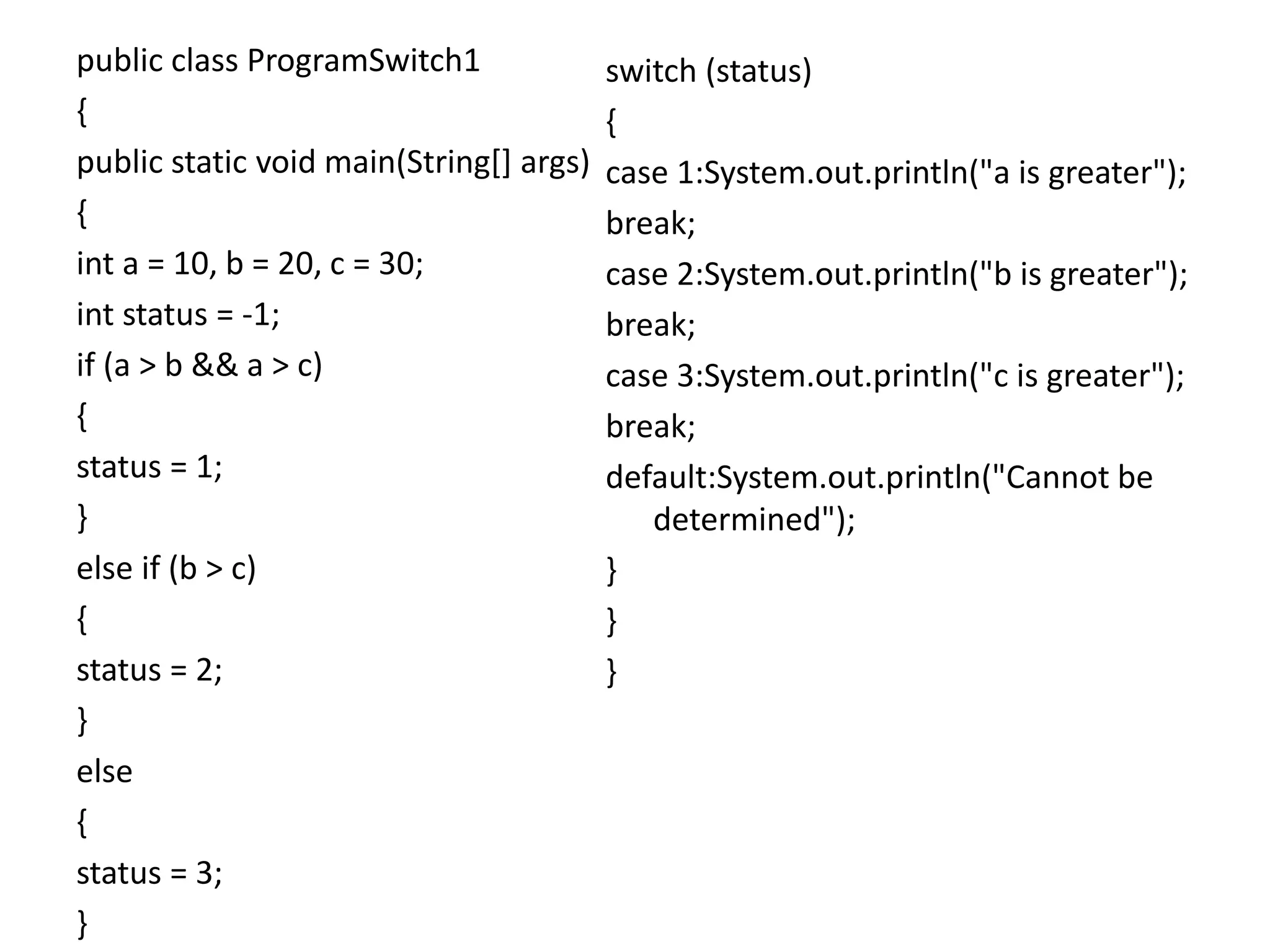 public class ProgramSwitch1
{
public static void main(String[] args)
{
int a = 10, b = 20, c = 30;
int status = -1;
if (a > b && a > c)
{
status = 1;
}
else if (b > c)
{
status = 2;
}
else
{
status = 3;
}
switch (status)
{
case 1:System.out.println("a is greater");
break;
case 2:System.out.println("b is greater");
break;
case 3:System.out.println("c is greater");
break;
default:System.out.println("Cannot be
determined");
}
}
}
 