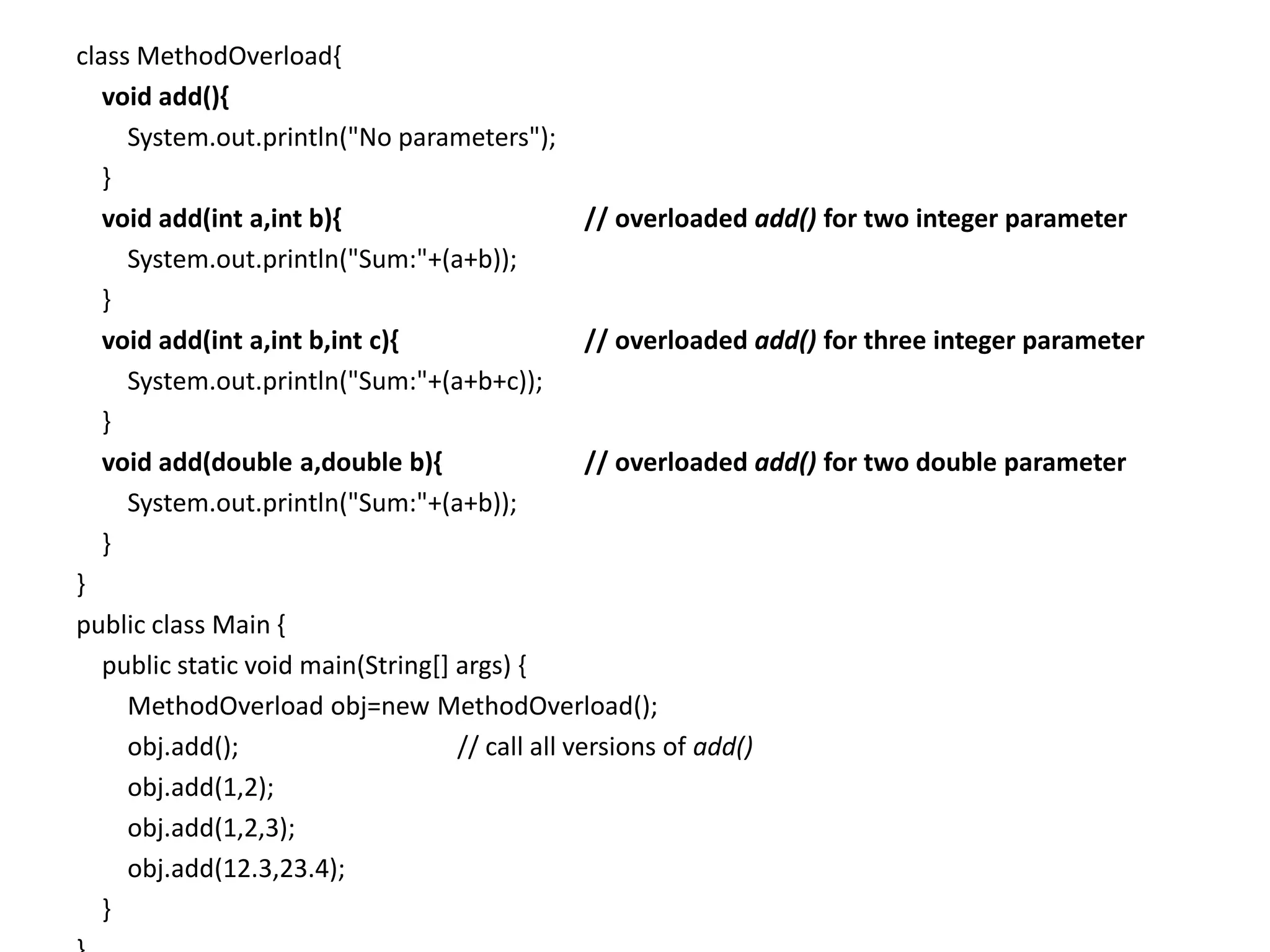 class MethodOverload{
void add(){
System.out.println("No parameters");
}
void add(int a,int b){ // overloaded add() for two integer parameter
System.out.println("Sum:"+(a+b));
}
void add(int a,int b,int c){ // overloaded add() for three integer parameter
System.out.println("Sum:"+(a+b+c));
}
void add(double a,double b){ // overloaded add() for two double parameter
System.out.println("Sum:"+(a+b));
}
}
public class Main {
public static void main(String[] args) {
MethodOverload obj=new MethodOverload();
obj.add(); // call all versions of add()
obj.add(1,2);
obj.add(1,2,3);
obj.add(12.3,23.4);
}
 