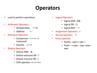 Operators
• used to perform operations.
• Arithmetic Operators :
• Multiplicative : * / %
• Additive : + -
• Relational Operators
• Comparison : < > <= >=
instanceof
• Equality : == !=
• Bitwise Operators
• bitwise AND : &
• bitwise exclusive OR : ^
• bitwise inclusive OR : |
• Shift operator: << >> >>>
• Logical Operators
• logical AND : &&
• logical OR : ||
• logical NOT : ~ !
• Assignment Operators: =
• Ternary operator: ? :
• Unary operator
• Postfix : expr++ expr—
• Prefix : ++expr --expr +expr -
expr
 