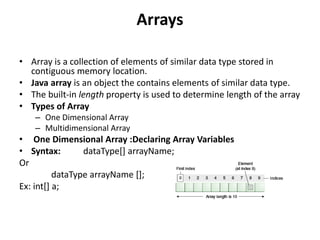 Arrays
• Array is a collection of elements of similar data type stored in
contiguous memory location.
• Java array is an object the contains elements of similar data type.
• The built-in length property is used to determine length of the array
• Types of Array
– One Dimensional Array
– Multidimensional Array
• One Dimensional Array :Declaring Array Variables
• Syntax: dataType[] arrayName;
Or
dataType arrayName [];
Ex: int[] a;
 