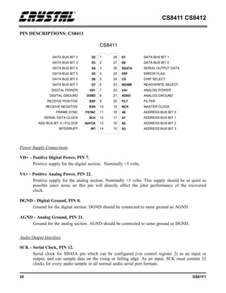 CS8411 CS8412
20 DS61F1
PIN DESCRIPTIONS: CS8411
Power Supply Connections
VD+ - Positive Digital Power, PIN 7.
Positive supply for the digital section. Nominally +5 volts.
VA+ - Positive Analog Power, PIN 22.
Positive supply for the analog section. Nominally +5 volts. This supply should be as quiet as
possible since noise on this pin will directly affect the jitter performance of the recovered
clock.
DGND - Digital Ground, PIN 8.
Ground for the digital section. DGND should be connected to same ground as AGND.
AGND - Analog Ground, PIN 21.
Ground for the analog section. AGND should be connected to same ground as DGND.
Audio Output Interface
SCK - Serial Clock, PIN 12.
Serial clock for SDATA pin which can be configured (via control register 2) as an input or
output, and can sample data on the rising or falling edge. As an input, SCK must contain 32
clocks for every audio sample in all normal audio serial port formats.
1
2
3
4
5
6
7
8 21
22
23
24
25
26
27
28 DATA BUS BIT 1
DATA BUS BIT 0
SERIAL OUTPUT DATA
ERROR FLAG
CHIP SELECT
READ/WRITE SELECT
ANALOG POWER
ANALOG GROUND
DGND
VD+
D7
D6
D5
D4
D3
D2
9
10
11
12 17
18
19
20 FILTER
MASTER CLOCK
ADDRESS BUS BIT 0
ADDRESS BUS BIT 1
SCK
FSYNC
RXN
RXP
13
14 15
16 ADDRESS BUS BIT 2
ADDRESS BUS BIT 3
INT
A4/FCK
D1
D0
SDATA
ERF
CS
RD/WR
VA+
AGND
FILT
MCK
A0
A1
A2
A3
DIGITAL GROUND
DIGITAL POWER
DATA BUS BIT 7
DATA BUS BIT 6
DATA BUS BIT 5
DATA BUS BIT 4
DATA BUS BIT 3
DATA BUS BIT 2
SERIAL DATA CLOCK
FRAME SYNC
RECEIVE NEGATIVE
RECEIVE POSITIVE
INTERRUPT
ADD BUS BIT 4 / FCLOCK
CS8411
 