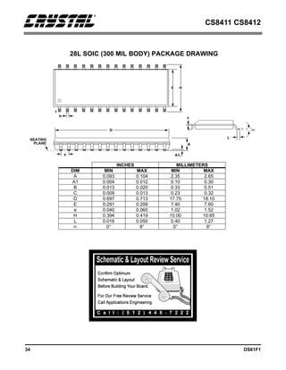 CS8411 CS8412
34 DS61F1
INCHES MILLIMETERS
DIM MIN MAX MIN MAX
A 0.093 0.104 2.35 2.65
A1 0.004 0.012 0.10 0.30
B 0.013 0.020 0.33 0.51
C 0.009 0.013 0.23 0.32
D 0.697 0.713 17.70 18.10
E 0.291 0.299 7.40 7.60
e 0.040 0.060 1.02 1.52
H 0.394 0.419 10.00 10.65
L 0.016 0.050 0.40 1.27
∝ 0° 8° 0° 8°
28L SOIC (300 MIL BODY) PACKAGE DRAWING
D
H
E
b
A1
A
c
L
∝
SEATING
PLANE
1
e
 