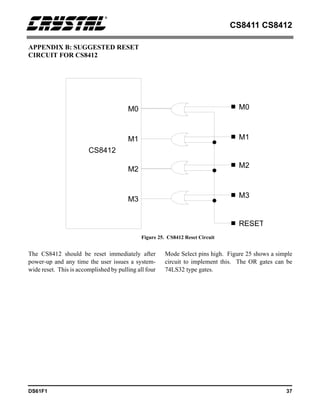 CS8411 CS8412
DS61F1 37
APPENDIX B: SUGGESTED RESET
CIRCUIT FOR CS8412
The CS8412 should be reset immediately after
power-up and any time the user issues a system-
wide reset. This is accomplished by pulling all four
Mode Select pins high. Figure 25 shows a simple
circuit to implement this. The OR gates can be
74LS32 type gates.
CS8412
M0
M1
M2
M3
RESET
M0
M1
M2
M3
Figure 25. CS8412 Reset Circuit
 