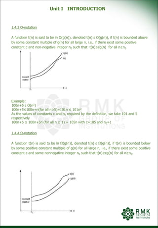 Unit I INTRODUCTION
1.4.3 O-notation
A function t(n) is said to be in O(g(n)), denoted t(n) ε O(g(n)), if t(n) is bounded above
by some constant multiple of g(n) for all large n, i.e., if there exist some positive
constant c and non-negative integer n0 such that t(n)≤cg(n) for all n≥n0
Example:
100n+5 ε O(n2)
100n+5≤100n+n(for all n≥5)=101n ≤ 101n2
As the values of constants c and n0 required by the definition, we take 101 and 5
respectively.
100n+5 ≤ 100n+5n (for all n ≥ 1) = 105n with c=105 and n0=1
1.4.4 Ω-notation
A function t(n) is said to be in Ω(g(n)), denoted t(n) ε Ω(g(n)), if t(n) is bounded below
by some positive constant multiple of g(n) for all large n, i.e., if there exist some positive
constant c and some nonnegative integer n0 such that t(n)≥cg(n) for all n≥n0.
 