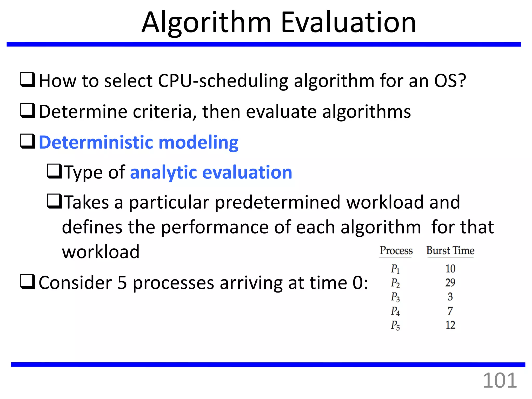 Algorithm Evaluation
How to select CPU-scheduling algorithm for an OS?
Determine criteria, then evaluate algorithms
Deterministic modeling
Type of analytic evaluation
Takes a particular predetermined workload and
defines the performance of each algorithm for that
workload
Consider 5 processes arriving at time 0:
101
 