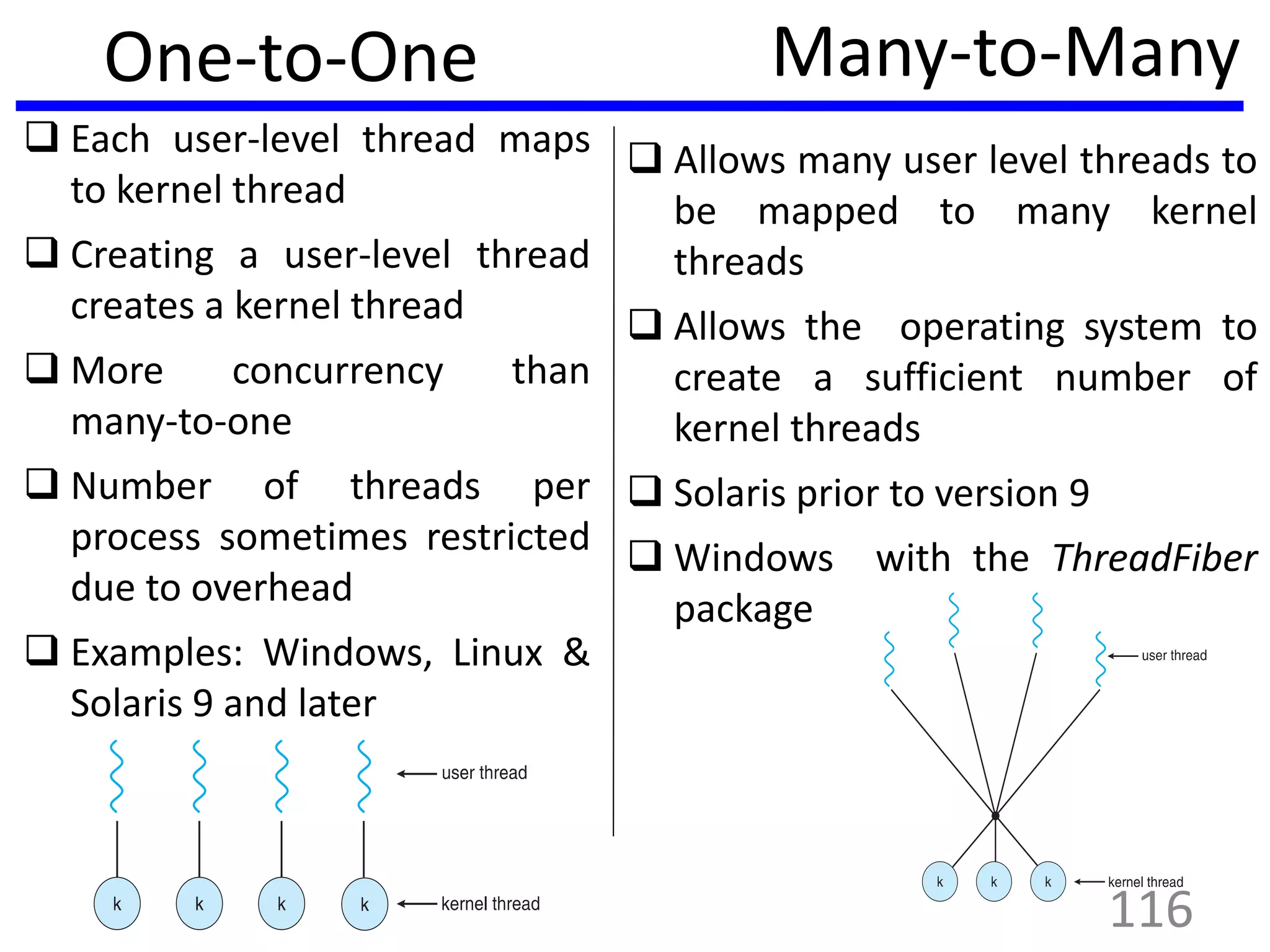 One-to-One
 Each user-level thread maps
to kernel thread
 Creating a user-level thread
creates a kernel thread
 More concurrency than
many-to-one
 Number of threads per
process sometimes restricted
due to overhead
 Examples: Windows, Linux &
Solaris 9 and later
Many-to-Many
 Allows many user level threads to
be mapped to many kernel
threads
 Allows the operating system to
create a sufficient number of
kernel threads
 Solaris prior to version 9
 Windows with the ThreadFiber
package
116
 