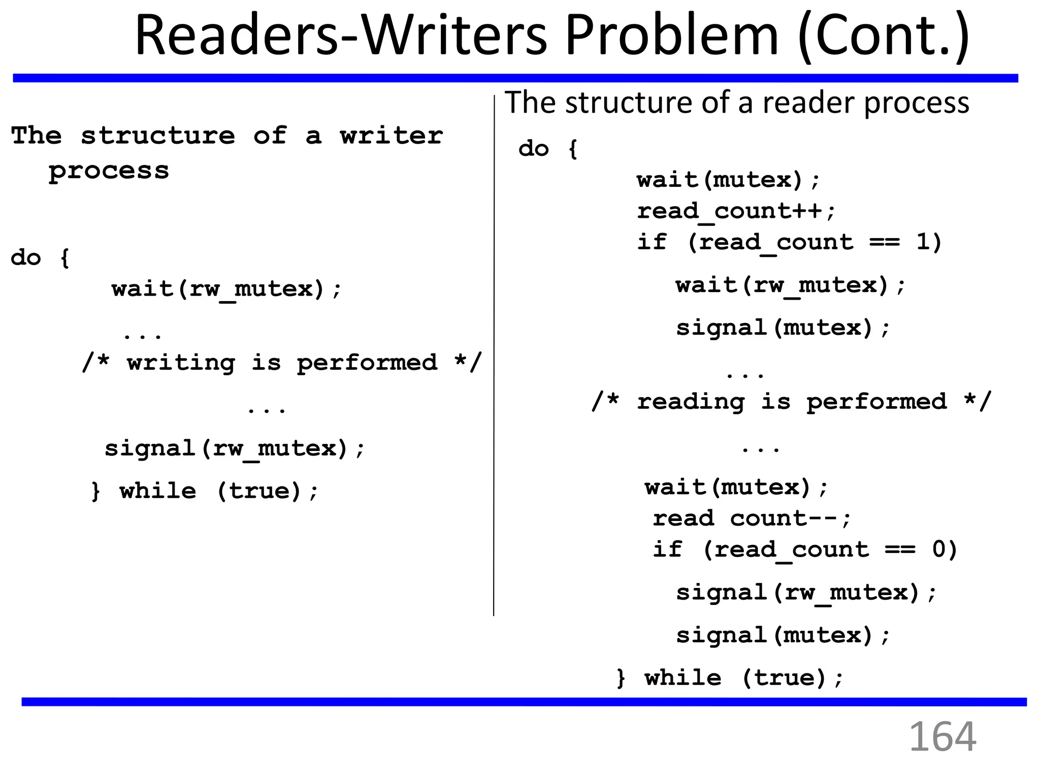 Readers-Writers Problem (Cont.)
The structure of a writer
process
do {
wait(rw_mutex);
...
/* writing is performed */
...
signal(rw_mutex);
} while (true);
The structure of a reader process
do {
wait(mutex);
read_count++;
if (read_count == 1)
wait(rw_mutex);
signal(mutex);
...
/* reading is performed */
...
wait(mutex);
read count--;
if (read_count == 0)
signal(rw_mutex);
signal(mutex);
} while (true);
164
 
