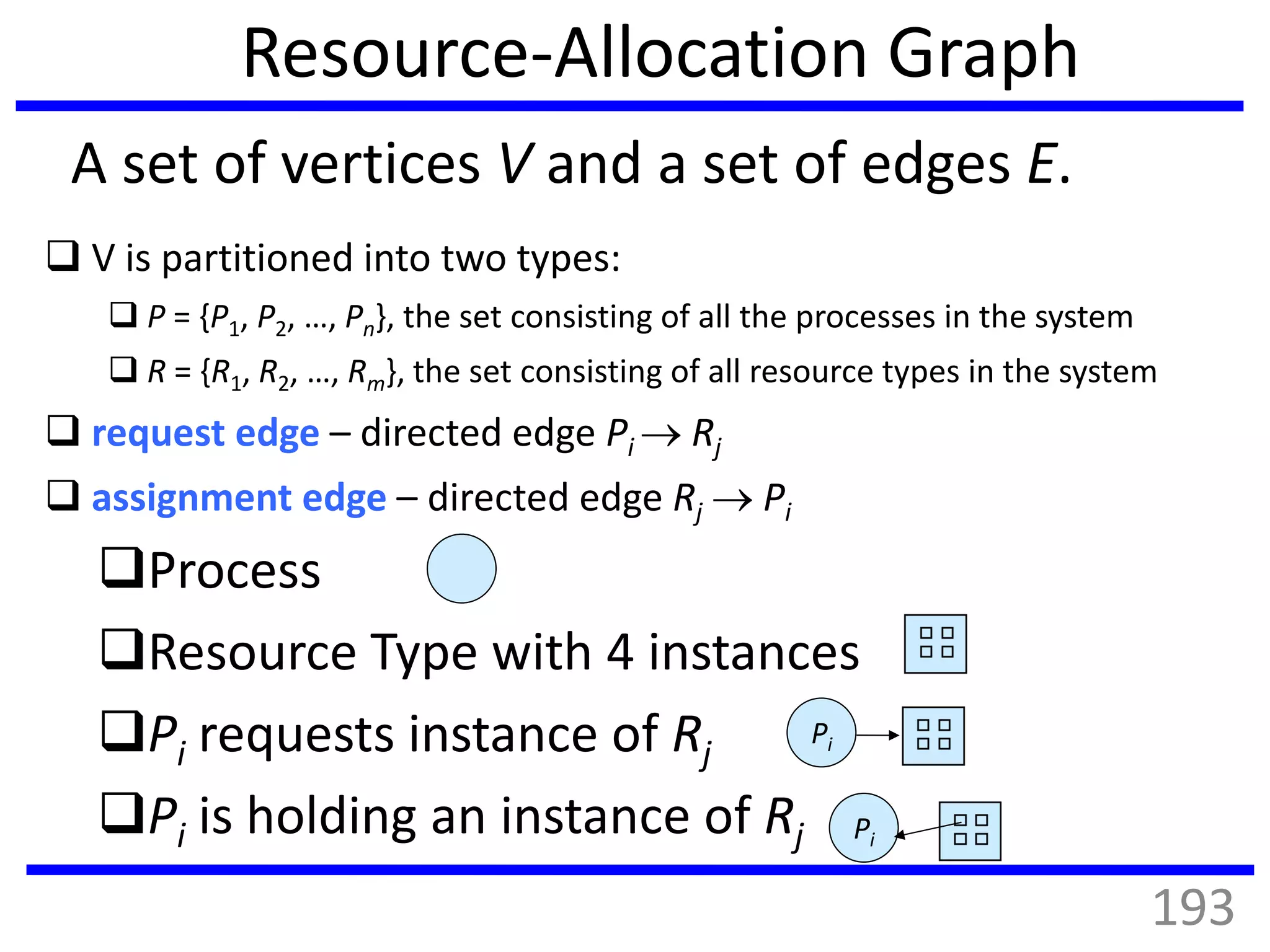 Resource-Allocation Graph
 V is partitioned into two types:
 P = {P1, P2, …, Pn}, the set consisting of all the processes in the system
 R = {R1, R2, …, Rm}, the set consisting of all resource types in the system
 request edge – directed edge Pi  Rj
 assignment edge – directed edge Rj  Pi
A set of vertices V and a set of edges E.
Process
Resource Type with 4 instances
Pi requests instance of Rj
Pi is holding an instance of Rj
Pi
Pi
193
 