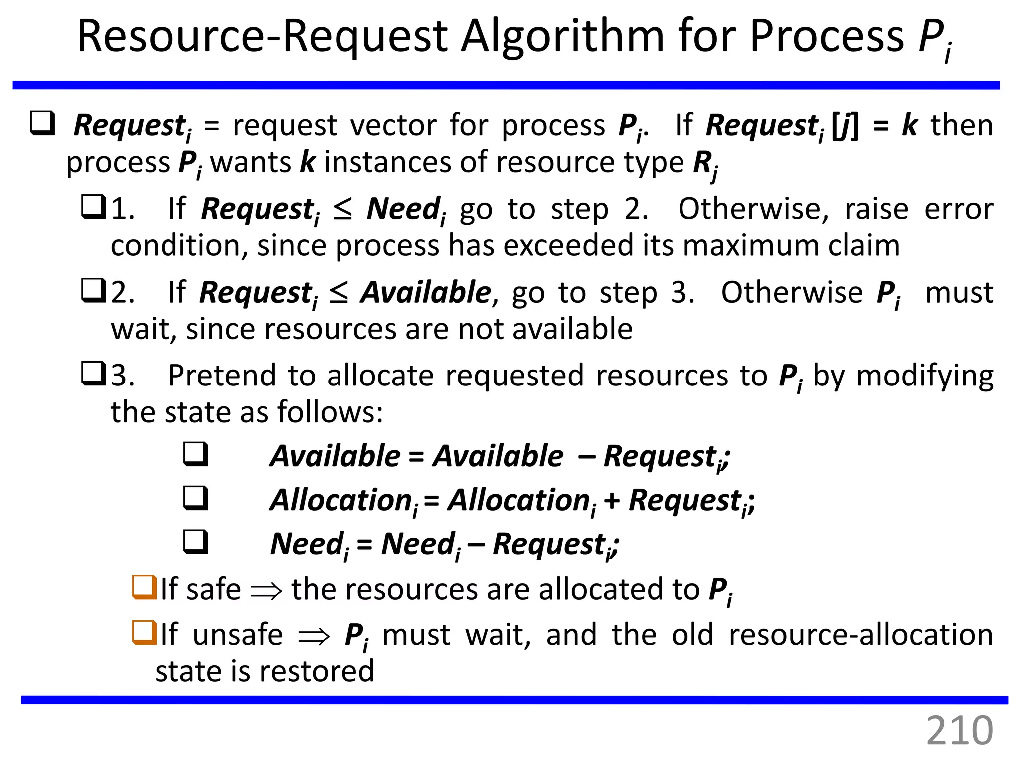 Resource-Request Algorithm for Process Pi
 Requesti = request vector for process Pi. If Requesti [j] = k then
process Pi wants k instances of resource type Rj
1. If Requesti  Needi go to step 2. Otherwise, raise error
condition, since process has exceeded its maximum claim
2. If Requesti  Available, go to step 3. Otherwise Pi must
wait, since resources are not available
3. Pretend to allocate requested resources to Pi by modifying
the state as follows:
 Available = Available – Requesti;
 Allocationi = Allocationi + Requesti;
 Needi = Needi – Requesti;
If safe  the resources are allocated to Pi
If unsafe  Pi must wait, and the old resource-allocation
state is restored
210
 
