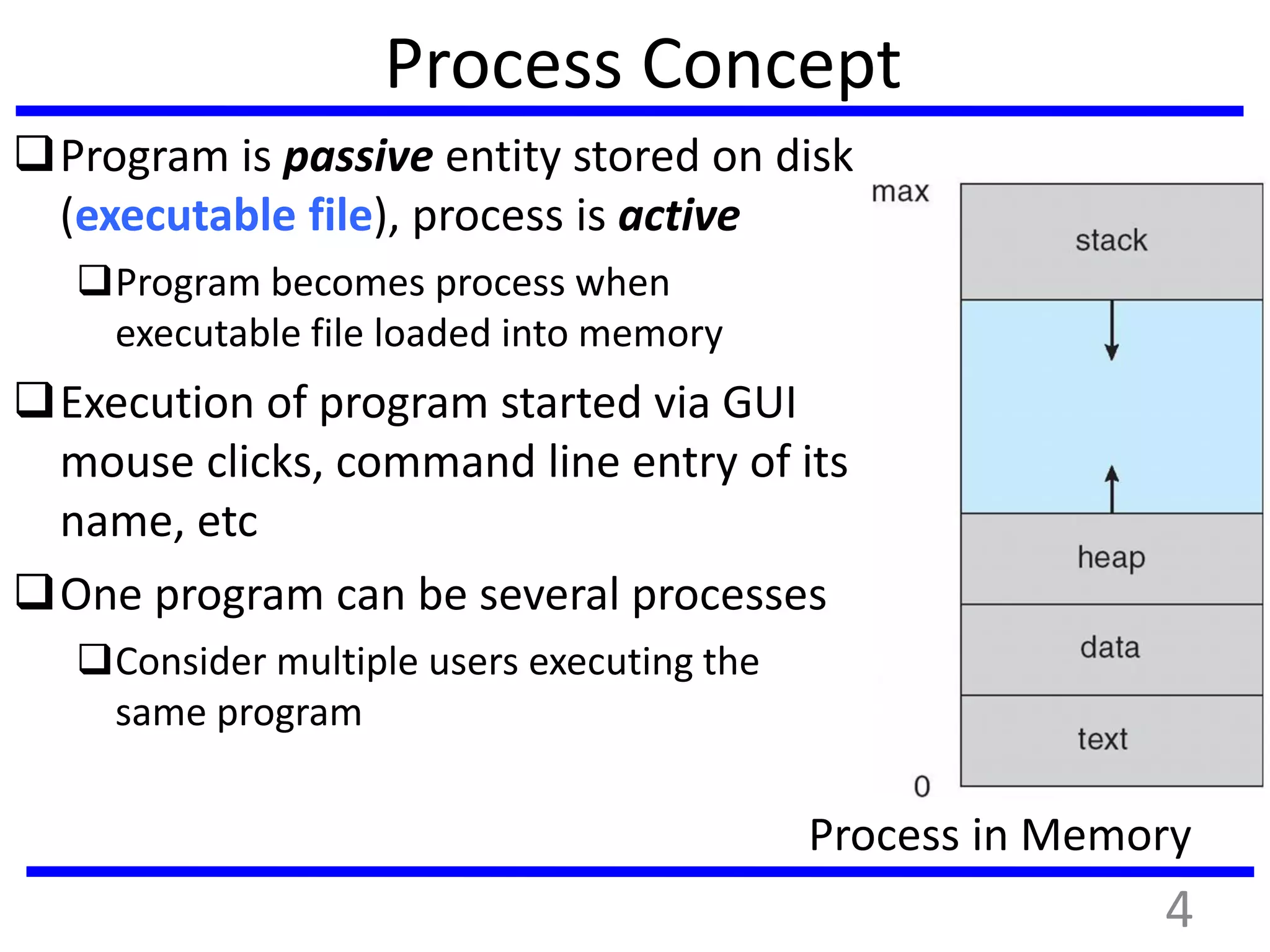 Process Concept
Program is passive entity stored on disk
(executable file), process is active
Program becomes process when
executable file loaded into memory
Execution of program started via GUI
mouse clicks, command line entry of its
name, etc
One program can be several processes
Consider multiple users executing the
same program
Process in Memory
4
 