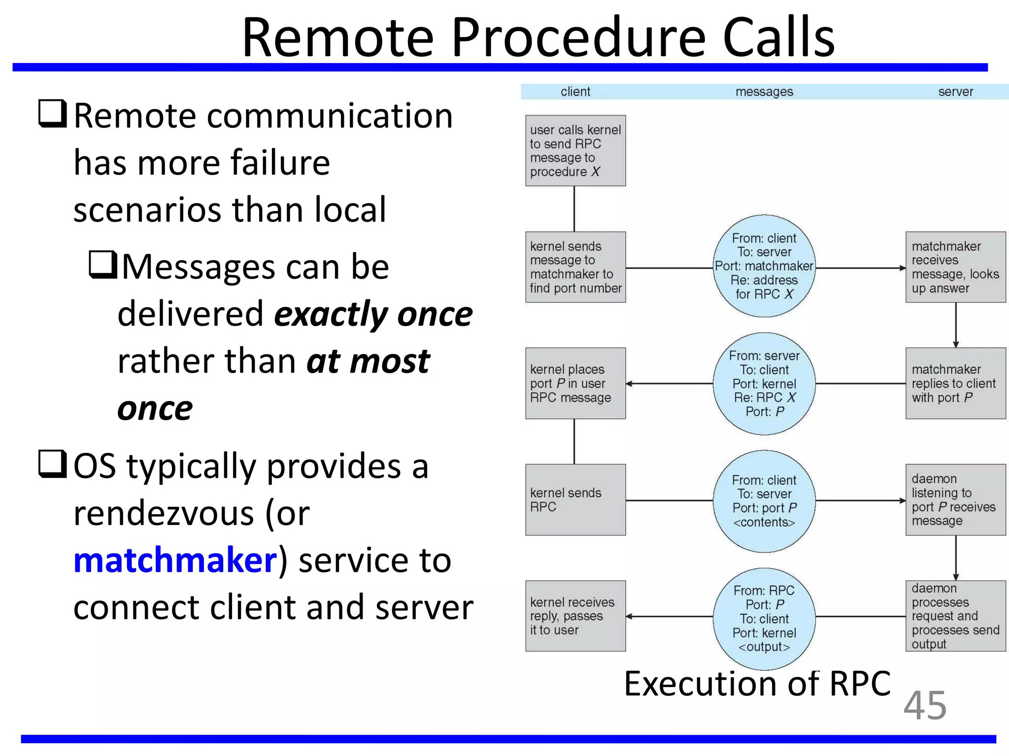 Remote Procedure Calls
Remote communication
has more failure
scenarios than local
Messages can be
delivered exactly once
rather than at most
once
OS typically provides a
rendezvous (or
matchmaker) service to
connect client and server
Execution of RPC
45
 
