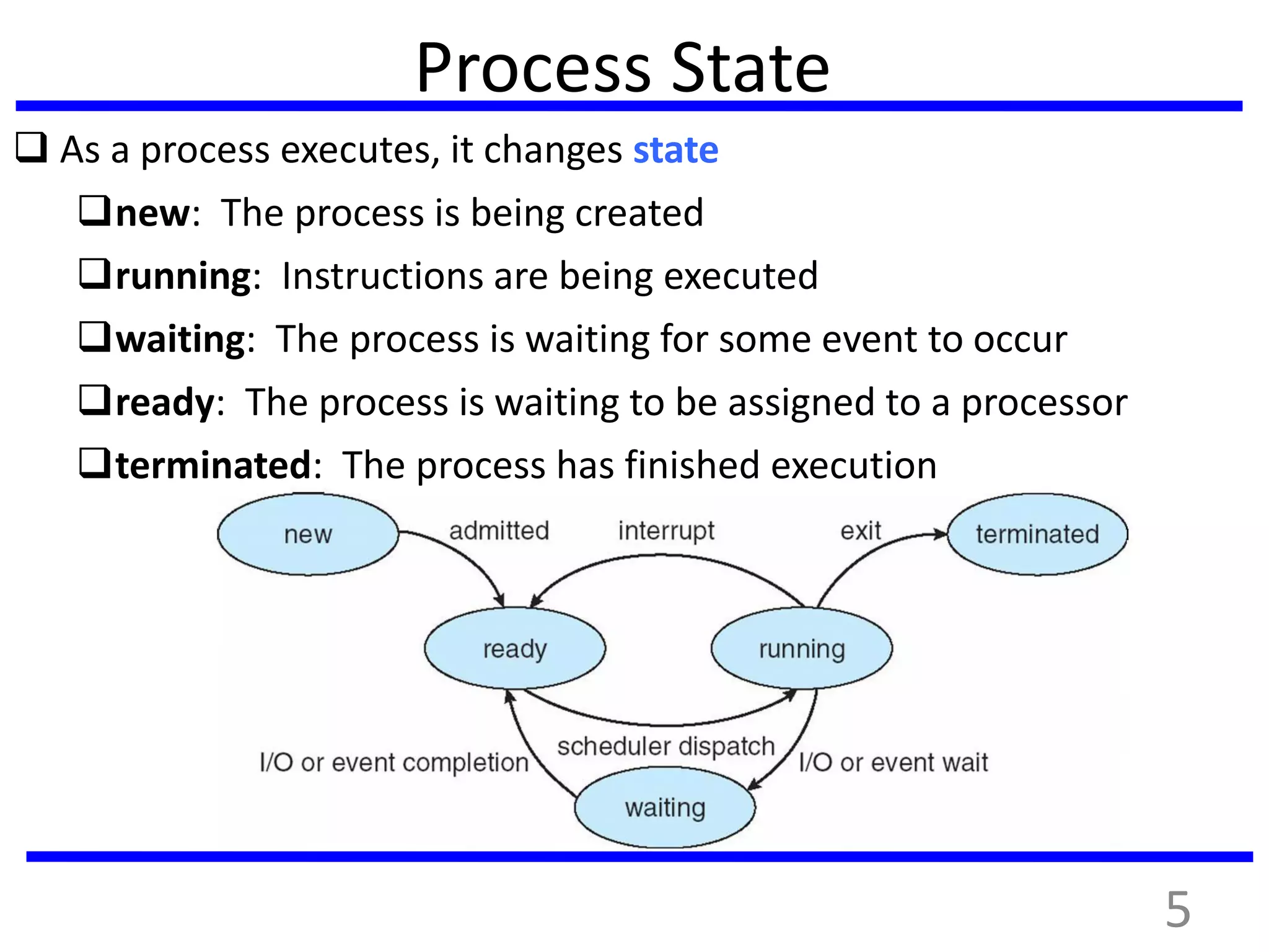 Process State
 As a process executes, it changes state
new: The process is being created
running: Instructions are being executed
waiting: The process is waiting for some event to occur
ready: The process is waiting to be assigned to a processor
terminated: The process has finished execution
5
 