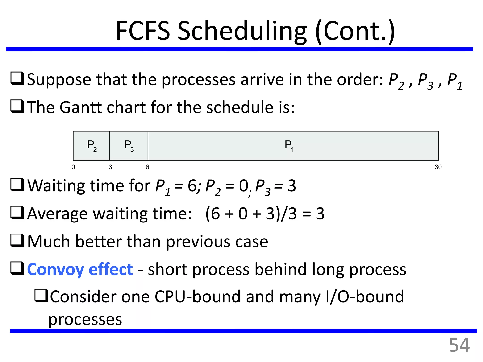 FCFS Scheduling (Cont.)
Suppose that the processes arrive in the order: P2 , P3 , P1
The Gantt chart for the schedule is:
Waiting time for P1 = 6; P2 = 0; P3 = 3
Average waiting time: (6 + 0 + 3)/3 = 3
Much better than previous case
Convoy effect - short process behind long process
Consider one CPU-bound and many I/O-bound
processes
P1
0 3 6 30
P2
P3
54
 