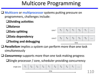 Multicore Programming
 Multicore or multiprocessor systems putting pressure on
programmers, challenges include:
Dividing activities
Balance
Data splitting
Data dependency
Testing and debugging
 Parallelism implies a system can perform more than one task
simultaneously
 Concurrency supports more than one task making progress
Single processor / core, scheduler providing concurrency
110
 