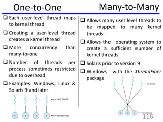 One-to-One
 Each user-level thread maps
to kernel thread
 Creating a user-level thread
creates a kernel thread
 More concurrency than
many-to-one
 Number of threads per
process sometimes restricted
due to overhead
 Examples: Windows, Linux &
Solaris 9 and later
Many-to-Many
 Allows many user level threads to
be mapped to many kernel
threads
 Allows the operating system to
create a sufficient number of
kernel threads
 Solaris prior to version 9
 Windows with the ThreadFiber
package
116
 