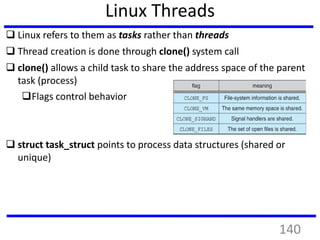 Linux Threads
 Linux refers to them as tasks rather than threads
 Thread creation is done through clone() system call
 clone() allows a child task to share the address space of the parent
task (process)
Flags control behavior
 struct task_struct points to process data structures (shared or
unique)
140
 
