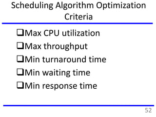 Scheduling Algorithm Optimization
Criteria
Max CPU utilization
Max throughput
Min turnaround time
Min waiting time
Min response time
52
 