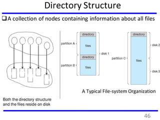Directory Structure
A collection of nodes containing information about all files
F 1 F 2
F 3
F 4
F n
Directory
Files
Both the directory structure
and the files reside on disk
A Typical File-system Organization
46
 