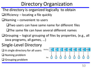 Directory Organization
Efficiency – locating a file quickly
Naming – convenient to users
Two users can have same name for different files
The same file can have several different names
Grouping – logical grouping of files by properties, (e.g., all
Java programs, all games, …)
The directory is organized logically to obtain
Single-Level Directory
 A single directory for all users
 Naming problem
 Grouping problem
50
 