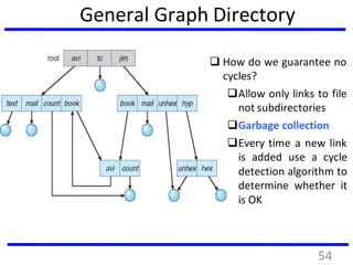 General Graph Directory
 How do we guarantee no
cycles?
Allow only links to file
not subdirectories
Garbage collection
Every time a new link
is added use a cycle
detection algorithm to
determine whether it
is OK
54
 