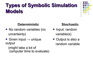 Types of Symbolic SimulationTypes of Symbolic Simulation
ModelsModels
Deterministic Stochastic
 No random variables (no
uncertainty)
 Input: random
variable(s)
 Given input → unique
output
(might take a lot of
computer time to evaluate)
 Output is also a
random variable
 