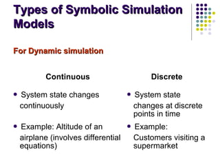 Types of Symbolic SimulationTypes of Symbolic Simulation
ModelsModels
Continuous Discrete
 System state changes
continuously
 System state
changes at discrete
points in time
 Example: Altitude of an
airplane (involves differential
equations)
 Example:
Customers visiting a
supermarket
For Dynamic simulationFor Dynamic simulation
 