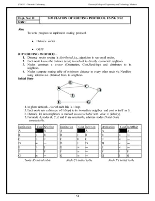 CS 8581 – Networks Laboratory Kamaraj College of EngineeringandTechnology,Madurai
54
Aim:
To write program to implement routing protocol.
 Distance vector
 OSPF
RIP ROUTING PROTOCOL
1. Distance vector routing is distributed, i.e., algorithm is run on all nodes.
2. Each node knows the distance (cost) to each of its directly connected neighbors.
3. Nodes construct a vector (Destination, Cost,NextHop) and distributes to its
neighbors.
4. Nodes compute routing table of minimum distance to every other node via NextHop
using information obtained from its neighbors.
Initial State
4. In given network, cost of each link is 1 hop.
5. Each node sets a distance of 1 (hop) to its immediate neighbor and cost to itself as 0.
6. Distance for non-neighbors is marked as unreachable with value ∞ (infinity).
7. For node A, nodes B, C, E and F are reachable, whereas nodes D and G are
unreachable.
Destination Cost NextHop Destination Cost NextHop Destination Cost NextHop
A 0 A A 1 A A 1 A
B 1 B B 1 B B ∞ ―
C 1 C C 0 C C ∞ ―
D ∞ — D 1 D D ∞ ―
E 1 E E ∞ ― E ∞ ―
F 1 F F ∞ ― F 0 F
G ∞ ― G ∞ ― G 1 G
Node A's initial table Node C's initial table Node F's initial table
Expt. No: 11 SIMULATION OF ROUTING PROTOCOL USING NS2
Date:
 