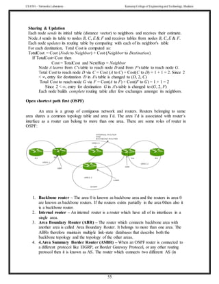 CS 8581 – Networks Laboratory Kamaraj College of EngineeringandTechnology,Madurai
55
Sharing & Updation
Each node sends its initial table (distance vector) to neighbors and receives their estimate.
Node A sends its table to nodes B, C, E & F and receives tables from nodes B, C, E & F.
Each node updates its routing table by comparing with each of its neighbor's table
For each destination, Total Cost is computed as:
TotalCost = Cost (Node to Neighbor) + Cost (Neighbor to Destination)
If TotalCost<Cost then
Cost = TotalCost and NextHop = Neighbor
Node A learns from C's table to reach node D and from F's table to reach node G.
Total Cost to reach node D via C = Cost (A to C) + Cost(C to D) = 1 + 1 = 2. Since 2
< ∞, entry for destination D in A's table is changed to (D, 2, C)
Total Cost to reach node G via F = Cost(A to F) + Cost(F to G) = 1 + 1 = 2
Since 2 < ∞, entry for destination G in A's table is changed to (G, 2, F)
Each node builds complete routing table after few exchanges amongst its neighbors.
Open shortest path first (OSPF)
An area is a group of contiguous network and routers. Routers belonging to same
area shares a common topology table and area I’d. The area I’d is associated with router’s
interface as a router can belong to more than one area. There are some roles of router in
OSPF:
1. Backbone router – The area 0 is known as backbone area and the routers in area 0
are known as backbone routers. If the routers exists partially in the area 0then also it
is a backbone router.
2. Internal router – An internal router is a router which have all of its interfaces in a
single area.
3. Area Boundary Router (ABR) – The router which connects backbone area with
another area is called Area Boundary Router. It belongs to more than one area. The
ABRs therefore maintain multiple link-state databases that describe both the
backbone topology and the topology of the other areas.
4. 4.Area Summary Border Router (ASBR) – When an OSPF router is connected to
a different protocol like EIGRP, or Border Gateway Protocol, or any other routing
protocol then it is known as AS. The router which connects two different AS (in
 