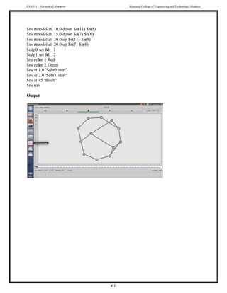 CS 8581 – Networks Laboratory Kamaraj College of EngineeringandTechnology,Madurai
61
$ns rtmodel-at 10.0 down $n(11) $n(5)
$ns rtmodel-at 15.0 down $n(7) $n(6)
$ns rtmodel-at 30.0 up $n(11) $n(5)
$ns rtmodel-at 20.0 up $n(7) $n(6)
$udp0 set fid_ 1
$udp1 set fid_ 2
$ns color 1 Red
$ns color 2 Green
$ns at 1.0 "$cbr0 start"
$ns at 2.0 "$cbr1 start"
$ns at 45 "finish"
$ns run
Output
 