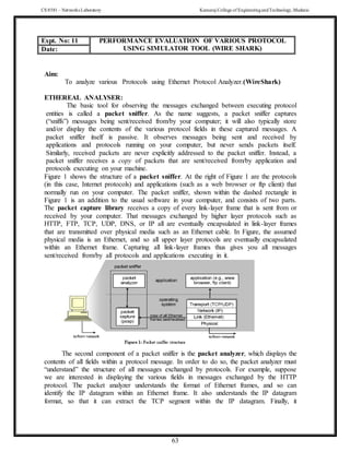 CS 8581 – Networks Laboratory Kamaraj College of EngineeringandTechnology,Madurai
63
Aim:
To analyze various Protocols using Ethernet Protocol Analyzer.(WireShark)
ETHEREAL ANALYSER:
The basic tool for observing the messages exchanged between executing protocol
entities is called a packet sniffer. As the name suggests, a packet sniffer captures
(“sniffs”) messages being sent/received from/by your computer; it will also typically store
and/or display the contents of the various protocol fields in these captured messages. A
packet sniffer itself is passive. It observes messages being sent and received by
applications and protocols running on your computer, but never sends packets itself.
Similarly, received packets are never explicitly addressed to the packet sniffer. Instead, a
packet sniffer receives a copy of packets that are sent/received from/by application and
protocols executing on your machine.
Figure 1 shows the structure of a packet sniffer. At the right of Figure 1 are the protocols
(in this case, Internet protocols) and applications (such as a web browser or ftp client) that
normally run on your computer. The packet sniffer, shown within the dashed rectangle in
Figure 1 is an addition to the usual software in your computer, and consists of two parts.
The packet capture library receives a copy of every link-layer frame that is sent from or
received by your computer. That messages exchanged by higher layer protocols such as
HTTP, FTP, TCP, UDP, DNS, or IP all are eventually encapsulated in link-layer frames
that are transmitted over physical media such as an Ethernet cable. In Figure, the assumed
physical media is an Ethernet, and so all upper layer protocols are eventually encapsulated
within an Ethernet frame. Capturing all link-layer frames thus gives you all messages
sent/received from/by all protocols and applications executing in it.
The second component of a packet sniffer is the packet analyzer, which displays the
contents of all fields within a protocol message. In order to do so, the packet analyzer must
“understand” the structure of all messages exchanged by protocols. For example, suppose
we are interested in displaying the various fields in messages exchanged by the HTTP
protocol. The packet analyzer understands the format of Ethernet frames, and so can
identify the IP datagram within an Ethernet frame. It also understands the IP datagram
format, so that it can extract the TCP segment within the IP datagram. Finally, it
Expt. No: 11 PERFORMANCE EVALUATION OF VARIOUS PROTOCOL
USING SIMULATOR TOOL (WIRE SHARK)
Date:
 