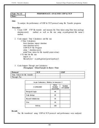 CS 8581 – Networks Laboratory Kamaraj College of EngineeringandTechnology,Madurai
66
Aim:
To analyze the performance of UDP & TCP protocol using file Transfer programs
Procedure
1. Create UDP FTP file transfer and measure the Time taken using Date time package
datetime.now() method as well as file size using os.path.getsize(<file name>)
method
2. Code snippet Time Calculation and file size
# Time Calculation
from datetime import datetime
start=datetime.now()
UDP/TCP File Program
etime = datetime.now()
print('Time taken for file transfer',estart-stime)
# To find the file size
import os
filesizebytes= os.path.getsize('genericpath.py')
3. Code Snippet Through put Calculation:
Throughput =DataTransfer in Bytes / Time
Protocol TCP UDP
Time Taken for file transfer
Through Put
As per Laboratory Rubrics in Annexure I
CATEGORY
MAX.
MARKS
ALLOTED
MARKS
AWARDED
Design & Logic 40
Code design 40
Record Submission 10
Viva 10
TOTAL 100
Result:
The file transferred using UDP & TCP protocol and performance were analyzed.
Expt. No: 12 PERFORMACE ANALYSIS UDP & TCP
Date:
 