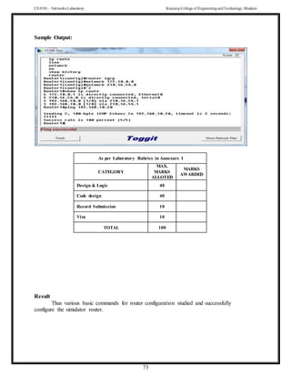 CS 8581 – Networks Laboratory Kamaraj College of EngineeringandTechnology,Madurai
73
Sample Output:
As per Laboratory Rubrics in Annexure I
CATEGORY
MAX.
MARKS
ALLOTED
MARKS
AWARDED
Design & Logic 40
Code design 40
Record Submission 10
Viva 10
TOTAL 100
Result
Thus various basic commands for router configuration studied and successfully
configure the simulator router.
 