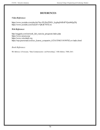 CS 8581 – Networks Laboratory Kamaraj College of EngineeringandTechnology,Madurai
74
REFERENCES
Video Reference:
https://www.youtube.com/playlist?list=PLEbnTDJUr_IegfoqO4iPnPYQui46QqT0j
https://www.youtube.com/watch?v=QKfk7YFILws
Web Reference:
http://enggedu.com/network_lab_exercise_programs/index.php
https://www.nsnam.org/
https://www.wireshark.org
https://wps.pearsoned.com/ecs_kurose_compnetw_6/216/55463/14198702.cw/index.html
Book Reference:
T1: Behrouz A.Forouzan, “Data Communication and Networking”, Fifth Edition, TMH, 2013.
 
