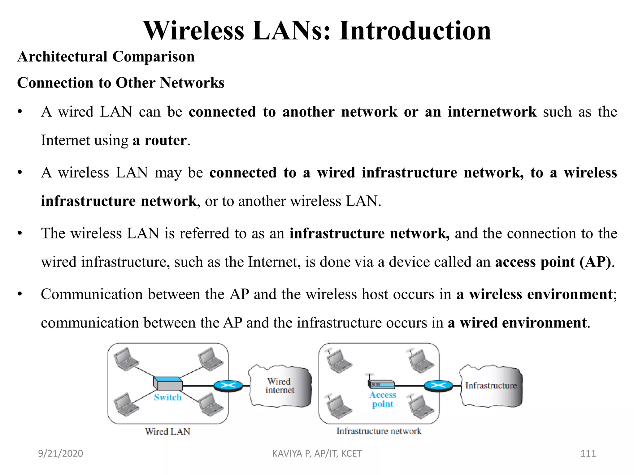 Wireless LANs: Introduction
Architectural Comparison
Connection to Other Networks
• A wired LAN can be connected to another network or an internetwork such as the
Internet using a router.
• A wireless LAN may be connected to a wired infrastructure network, to a wireless
infrastructure network, or to another wireless LAN.
• The wireless LAN is referred to as an infrastructure network, and the connection to the
wired infrastructure, such as the Internet, is done via a device called an access point (AP).
• Communication between the AP and the wireless host occurs in a wireless environment;
communication between the AP and the infrastructure occurs in a wired environment.
9/21/2020 KAVIYA P, AP/IT, KCET 111
 