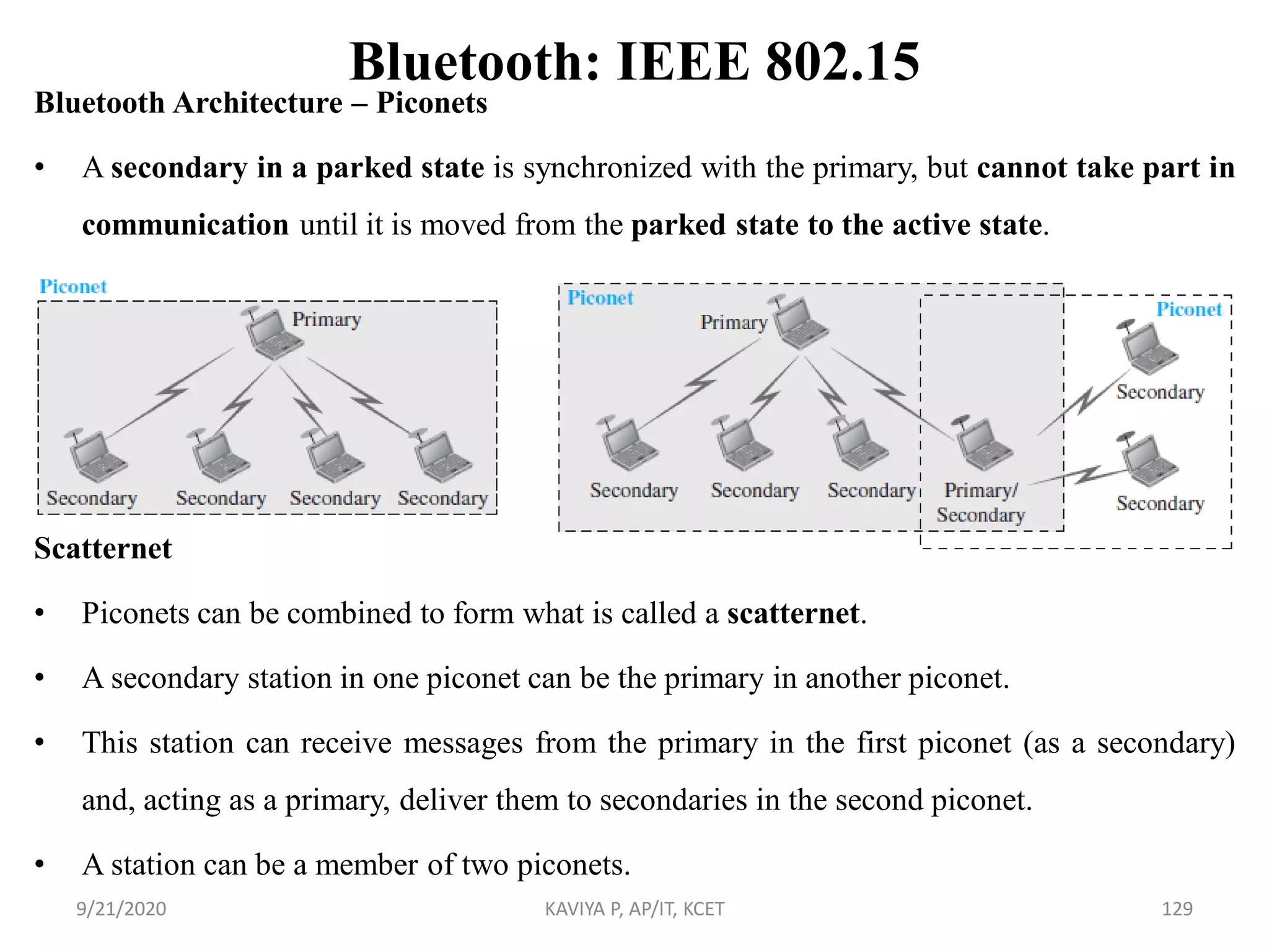 Bluetooth: IEEE 802.15
Bluetooth Architecture – Piconets
• A secondary in a parked state is synchronized with the primary, but cannot take part in
communication until it is moved from the parked state to the active state.
Scatternet
• Piconets can be combined to form what is called a scatternet.
• A secondary station in one piconet can be the primary in another piconet.
• This station can receive messages from the primary in the first piconet (as a secondary)
and, acting as a primary, deliver them to secondaries in the second piconet.
• A station can be a member of two piconets.
9/21/2020 KAVIYA P, AP/IT, KCET 129
 